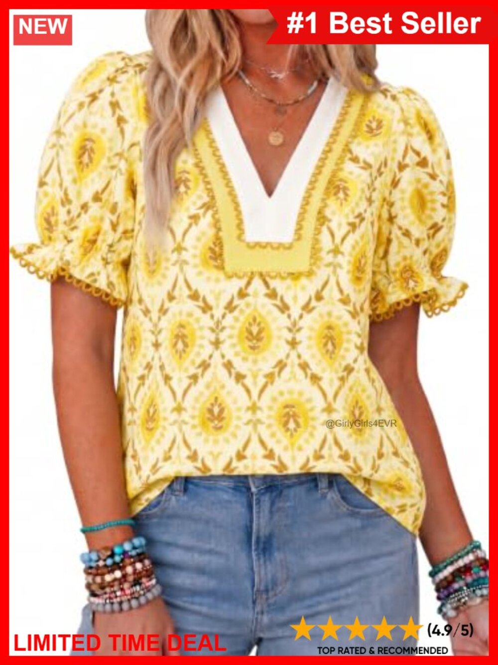 Womens Puff Sleeve Floral Blouse V Neck Boho Summer Top